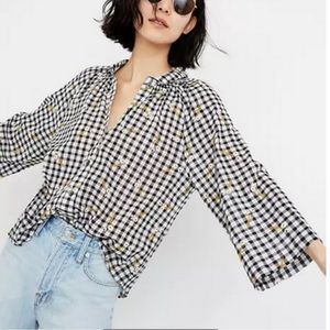 NWT Madewell Daisy Sketch Embroidered Raglan Peasant Shirt in Gingham Si…